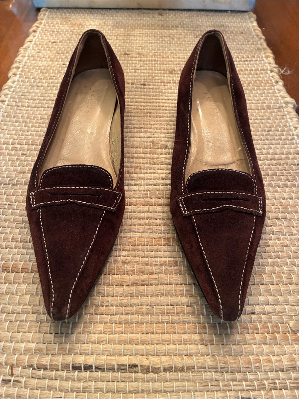 J. Crew Pointed Suede Penny Loafers in Deep Brown